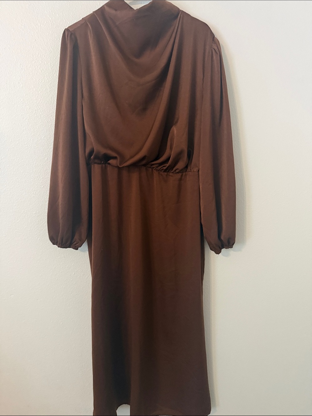 Women's Brown Long-Sleeve Maxi Dress with Draped Neckline